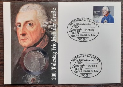 GERMANIA - FDC SI MONEDA 5 MARK 1986 F, 200 ANI FRIEDRICH CEL MARE, MONEDA UNC foto