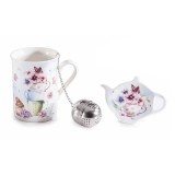 Cumpara ieftin Set cana portelan multicolor, infuzor otel ceai, farfurioara in cutie cadou &Oslash; 7,5 cm x 10,5 H, 300 ml