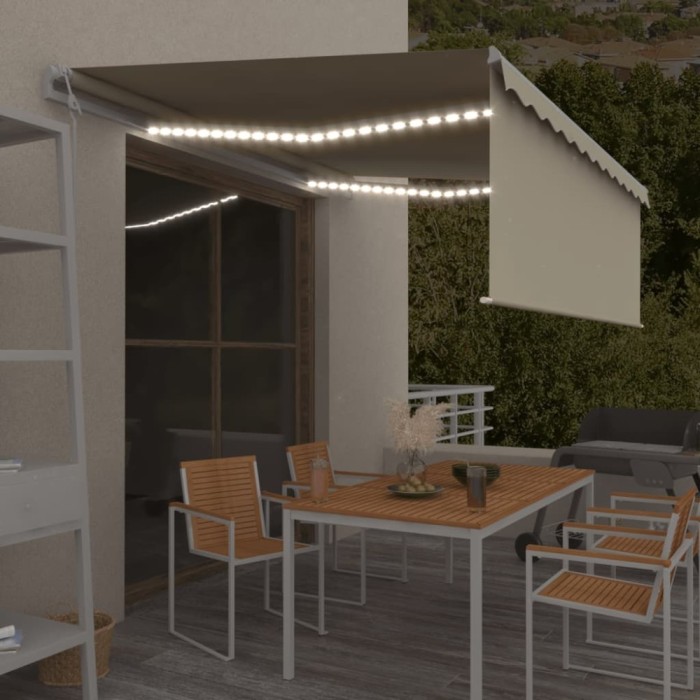 vidaXL Copertină automată cu stor&amp;senzor v&acirc;nt&amp;LED, crem, 4x3 m