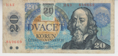 M1 - Bancnota foarte veche - Cehoslovacia - 20 coroane abtibild Slovacia - 1988 foto