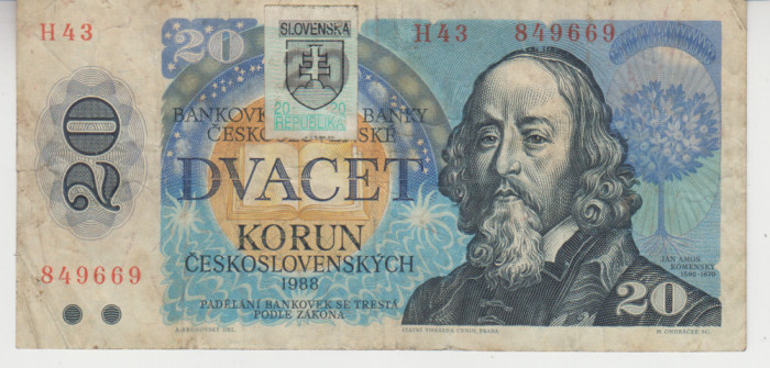 M1 - Bancnota foarte veche - Cehoslovacia - 20 coroane abtibild Slovacia - 1988