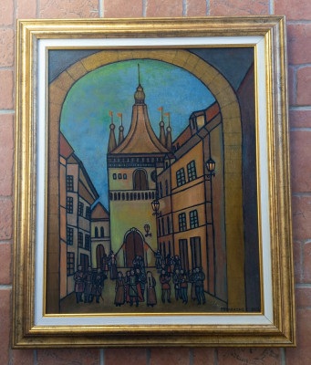 Tablou original pictat in ulei pe panza Sighisoara in festival, 62/52cm cu rama foto