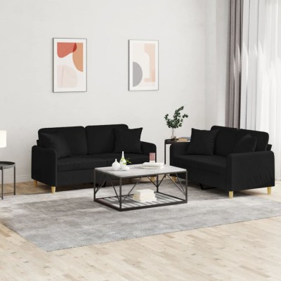 vidaXL Set de canapele cu perne, 2 piese, negru, material textil foto