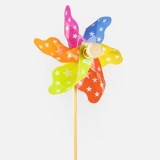 Moara de vant decorativa, 27 cm, Multicolor, cu model stele, 6 pale, cu bat din lemn, CMCLASS
