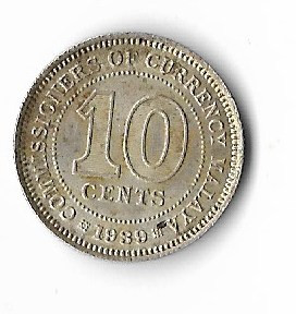 Moneda 10 cents 1939 - Malaya, 2,71 g argint 0,720 foto