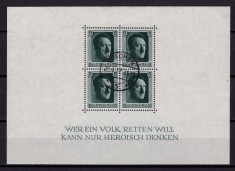 ✅ (S38) Germania Reich 1937 &quot; Aniversare Adolf Hitler-48 de ani&quot; serie Mi.646 in bloc/colita 7 , partial gumat, stampila complezenta Aachen