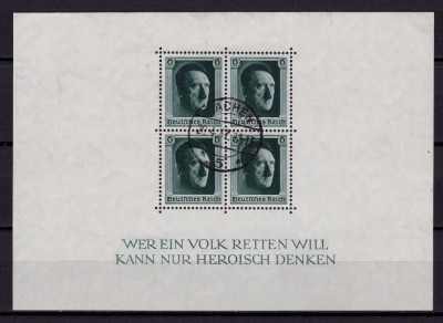 ✅ (S38) Germania Reich 1937 &amp;quot; Aniversare Adolf Hitler-48 de ani&amp;quot; serie Mi.646 in bloc/colita 7 , partial gumat, stampila complezenta Aachen foto