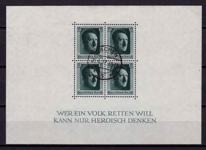 ✅ (S38) Germania Reich 1937 &quot; Aniversare Adolf Hitler-48 de ani&quot; serie Mi.646 in bloc/colita 7 , partial gumat, stampila complezenta Aachen
