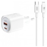 Incarcator Retea Cu Cablu Lightning XO Design CE21, 30W, 3A, 1 x USB-A - 1 x USB-C, Alb