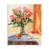 Tablou pictat manual, Vaza cu trandafirii, 60x50cm ulei pe panza in cutit efect 3D