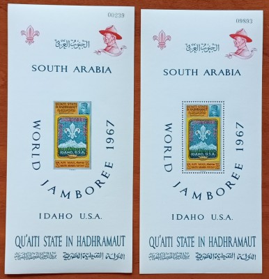 SUD ARABIA -HADRAMAUT &amp;#039;&amp;#039;JAMBOREEA MONDIALA-IDAHO USA -1967&amp;#039;&amp;#039;2 Colite -dant.+nedant.-MNH NESTAMP. - CAT.=120$-Calitate EXTRA foto