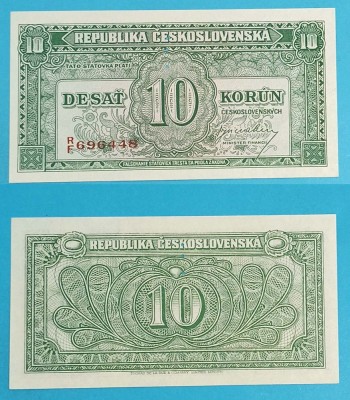 Cehoslovacia 10 Korun 1945 &amp;#039;A 3-a Republica&amp;#039; UNC serie: 696448 p#60 Specimen foto