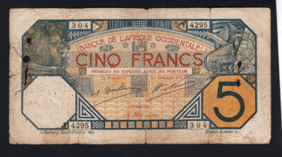 Africa Occidentala 5 Francs S4295 1929 foto