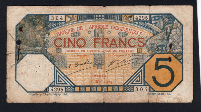 Africa Occidentala 5 Francs S4295 1929