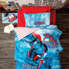 Lenjerie de pat pentru o persoana, 3 piese, 160x220 cm, 100% bumbac ranforce, Cotton Box, Game, albastru