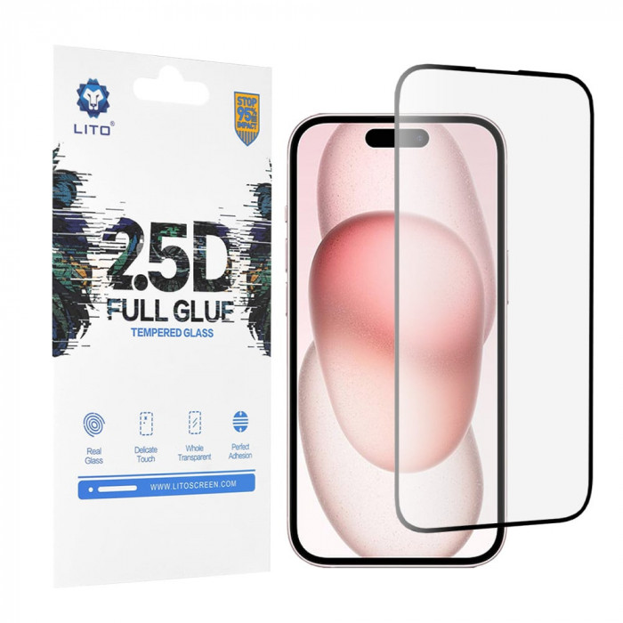 Folie pentru iPhone 15 Lito 2.5D FullGlue Glass Negru