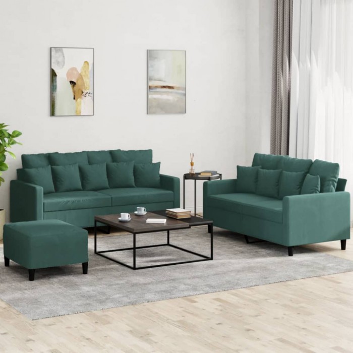 vidaXL Set de canapele cu perne, 3 piese, verde &icirc;nchis, catifea 3201712