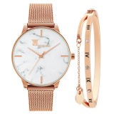 Set Ceas Dama Mbrands Quartz Roz Gold + Bratara Inima, Cadran Alb, Curea Inox, Casual Elegant