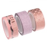 Set Benzi Adezive Washi, 3Buc, Model Glitter Roz Auriu, Dimensiuni 5m x 1.5cm, Oem