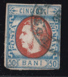 Romania 1869 - LP 29 - 50 BANI Albastru/Rosu - Carol I Cu Favoriti - Stampilat