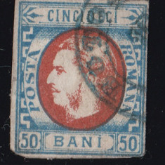 Romania 1869 - LP 29 - 50 BANI Albastru/Rosu - Carol I Cu Favoriti - Stampilat