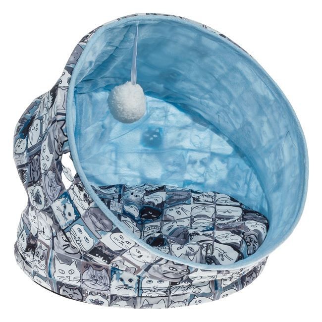 Patut Cuib Gri Bleu pentru Pisica, cu Bila Suspendata si Pernuta, 40 x 40cm