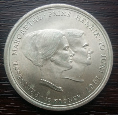 (A800) MONEDA DIN ARGINT DANEMARCA - 10 KRONER 1967, NUNTA PRINTESEI MARGRETHE foto