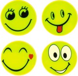 Cumpara ieftin Set 4 insigne reflectorizante galben neon, model Smiley, accesorii de vizibilitate pentru ghiozdan, rucsac, geanta si imbracaminte