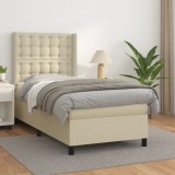 vidaXL Pat box spring cu saltea, crem, 90x200 cm, piele ecologică