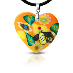 Colier FIMO - inimă portocalie cu flori și albină