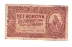 Bancnota Ungaria 2 korona/coroane 1 ianuarie 1920, uzata rau, patata
