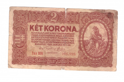 Bancnota Ungaria 2 korona/coroane 1 ianuarie 1920, uzata rau, patata foto