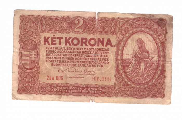 Bancnota Ungaria 2 korona/coroane 1 ianuarie 1920, uzata rau, patata