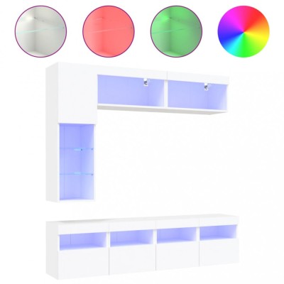 Set comode TV de perete, 7 piese, cu lumini LED, alb foto