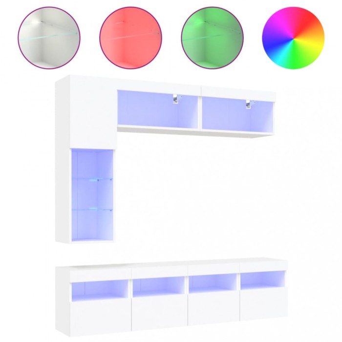 Set comode TV de perete, 7 piese, cu lumini LED, alb