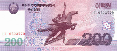 COREEA DE NORD █ bancnota █ 200 Won █ 2008 █ P-62-2 █ UNC █ necirculata foto