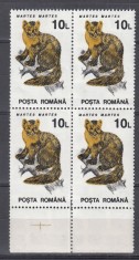 ROMANIA 1993 LP 1318 FAUNA PROTEJATA VALOAREA 10 L PE HARTIE ALBA CU FILIGRAN BLOC 4 TIMBRE STARE MNH