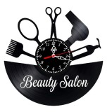 Ceas de perete decorativ, model Coafura si Frizerie, Beauty Salon, din disc de vinil retro, diametru 30 cm, Negru