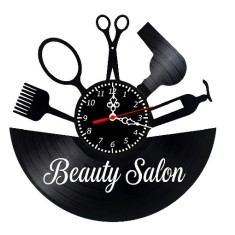 Ceas de perete decorativ, model Coafura si Frizerie, Beauty Salon, din disc de vinil retro, diametru 30 cm, Negru