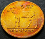 Moneda 5 ORE - NORVEGIA, anul 1971 *cod 2333 A = A.UNC / PATINA CURCUBEU, Europa