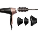 Uscator de par REMINGTON Curl &amp; Straight Confidence Hairdryer D5706 + perie de par pentru coafare, 2200W, 3 viteze, 2 trepte de temperatura, negru-aur