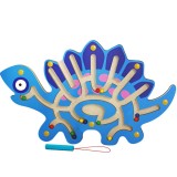 Joc montessori cu bile, flippy, creion magnetic, tip labirint, din lemn, model stegozaur, 25x15.5 cm, albastru