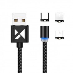 Cablu Magnetic Wozinsky USB / Micro USB / USB Tip C / Cablu Lightning 2.4A 1m Cu LED Negru (WMC-01)