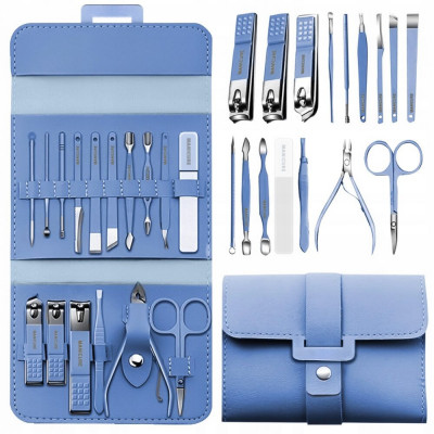 Set Manichiura si Pedichiura 16-in-1 cu plic din piele ecologica, model MANI-CUT BLUE, culoare Albastra foto