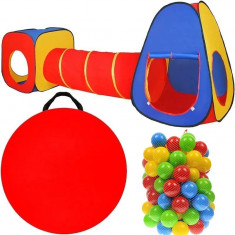 Cort de joaca 3 in 1 pentru copii, set 100 mingi multicolore, tunel, cort iglu, cub, poliester, 300x80x86 cm