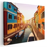 Tablou case colorate si barci in Burano Italia Tablou canvas pe panza CU RAMA 80x120 cm