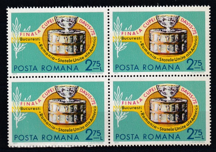 ROMANIA 1972 LP 809 FINALA CUPEI DAVIS BLOC DE 4 TIMBRE MNH
