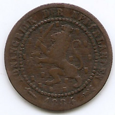 Olanda 1 Cent 1884 - Willem III / Wilhelmina , Bronz, 19 mm KM-107.1