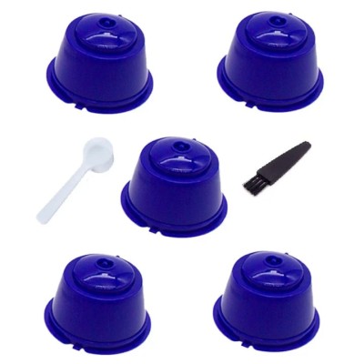 Set 5 Capsule cafea, reutilizabila, reincarcabila, compatibil Dolce Gusto, albastru inchis, cu periuta si foto