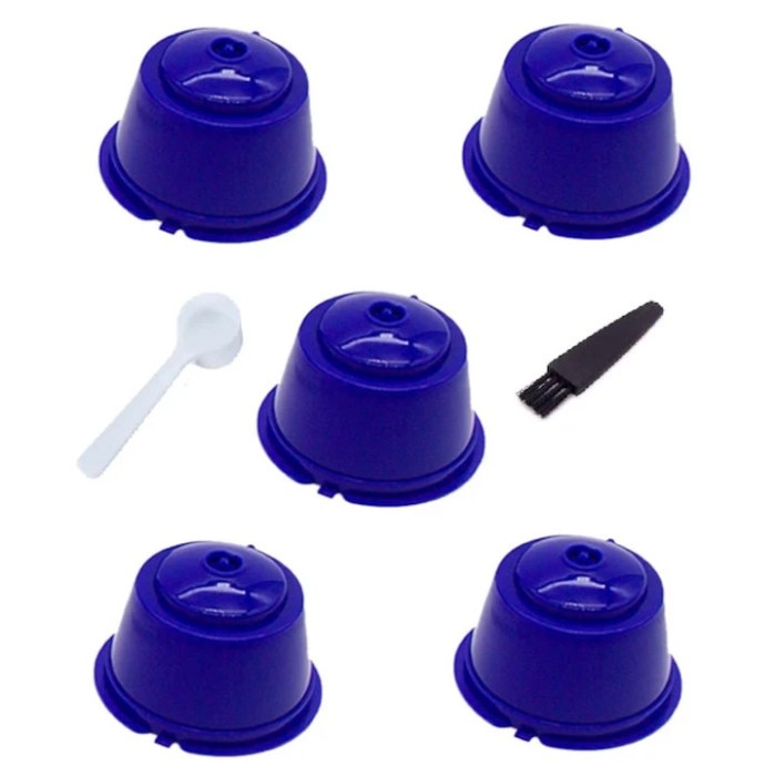 Set 5 Capsule cafea, reutilizabila, reincarcabila, compatibil Dolce Gusto, albastru inchis, cu periuta si